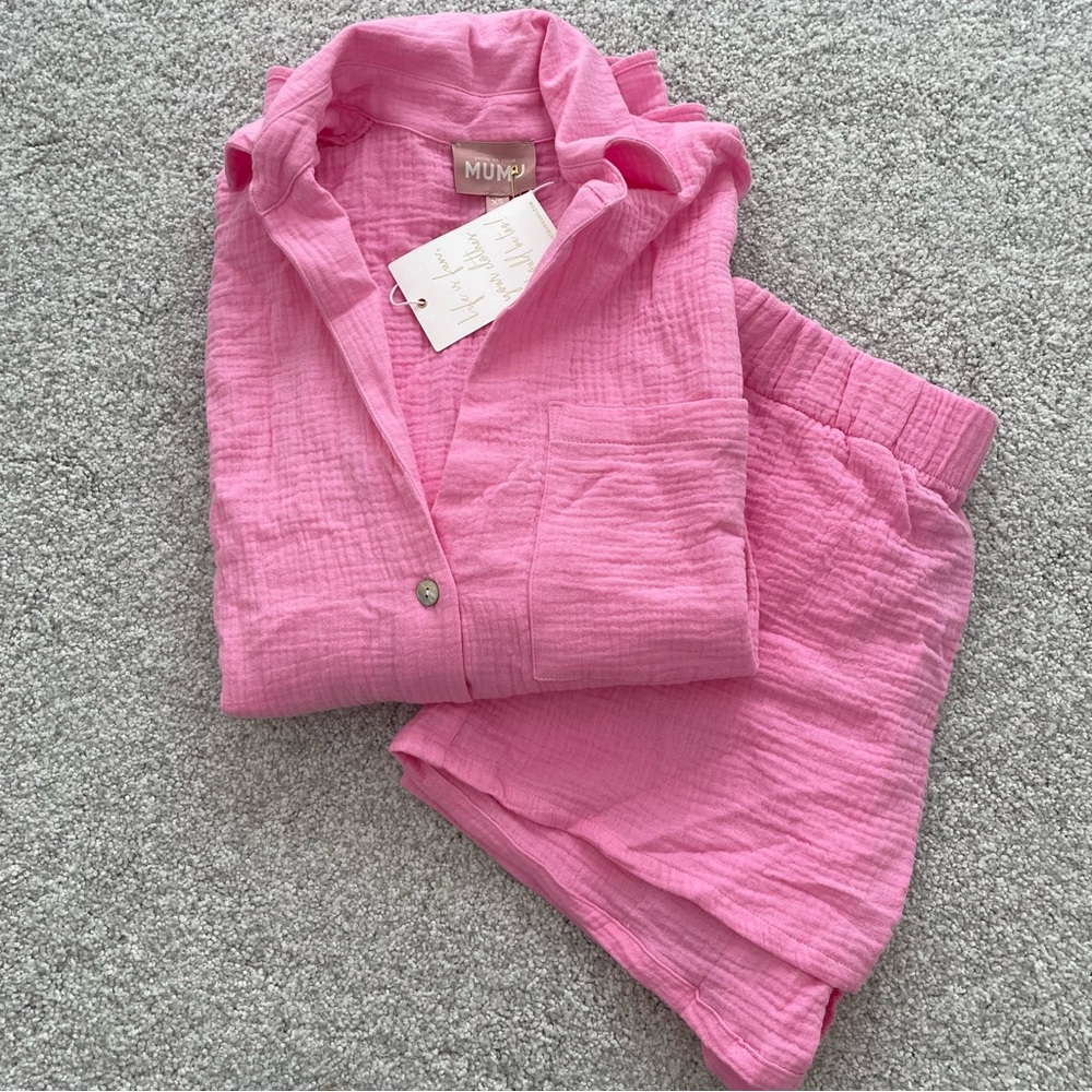 Show Me Your Mumu Hendrix Short and Weekday Button-Up Set XS Bubblegum Gauze